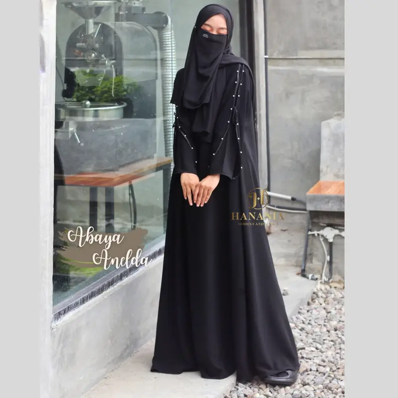 Abaya/gamis Anelda jetblack hitam Muslim Kombinasi Sifon Mutiara by hanania 0