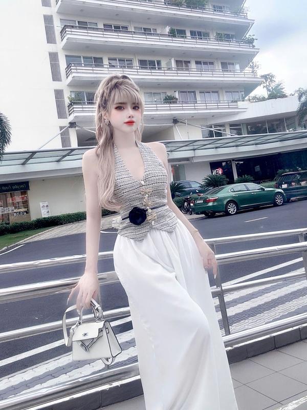 15616 - SET ÁO BỐ SỌC + QUẦN ỐNG RỘNG (KÈM DÂY HOA & TAG NƠ) - Gia Hân House - size M( dưới 52kg-eo dưới 70cm) - size L( dưới 55kg-eo dưới 75cm)- 1 màu - bố lót lụa + voan Jacket