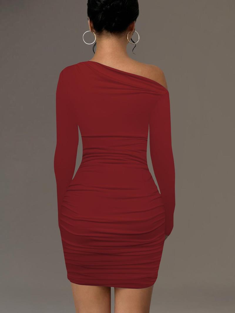 Product Introduction of Women's Plain Ruched Asymmetrical Neck Bodycon Dress, Classy Long Sleeve Short Dress for Party Club Dating Wear, Women's Clothing for Spring & Fall 5