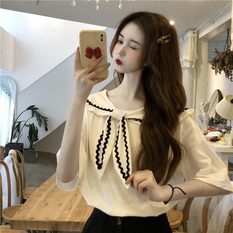 Áo Thun Cổ Hải Quân Nữ Tay Ngắn Mùa Hè Ngọt Ngào Phong Cách Đại Học Top Sơ Mi Cổ Tròn 3
