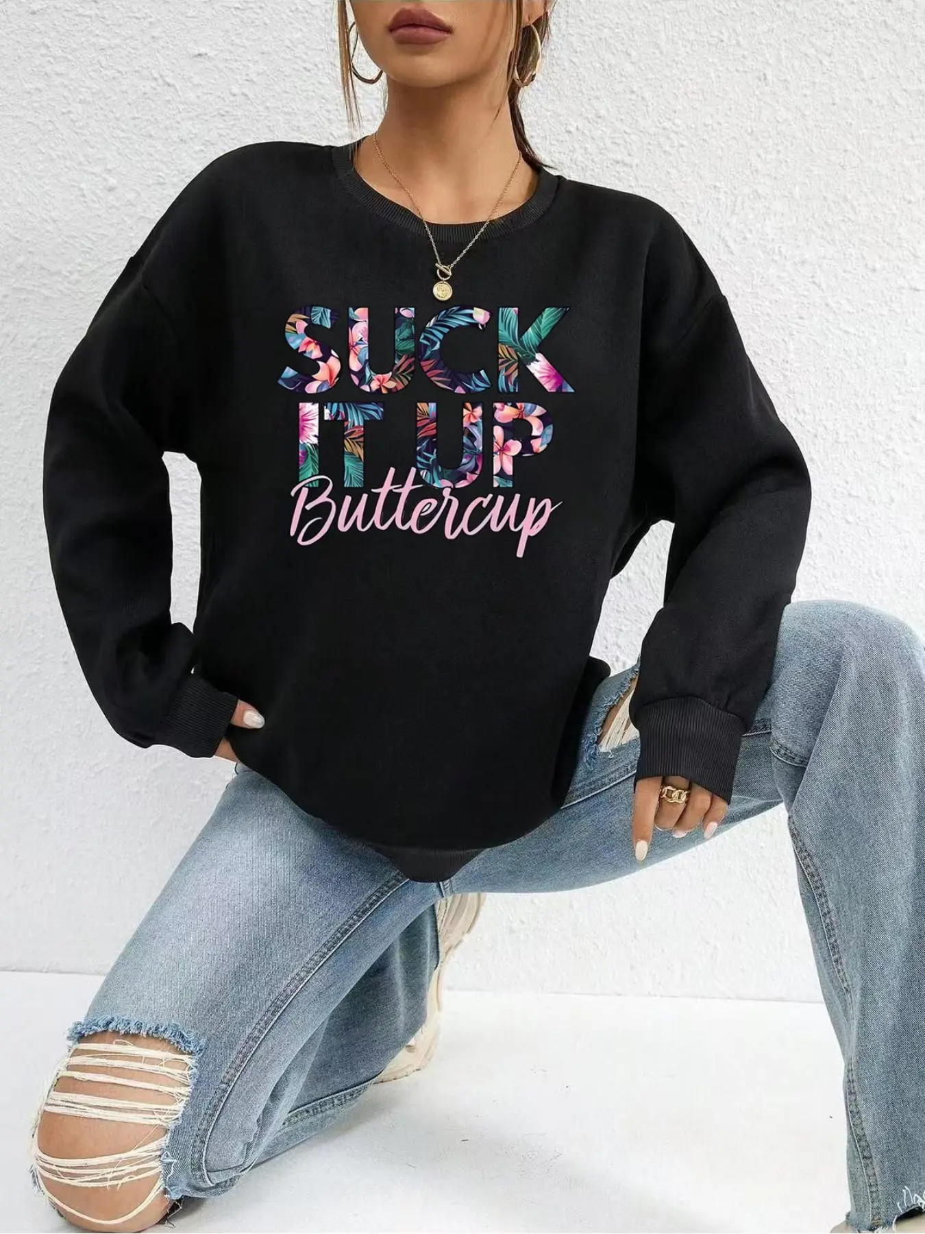 【Plus Size】 "SUCK IT Up BUTTERCUP" Print Drop Shoulder Sweatshirt, Casual Long Sleeve Round Neck Pullover for Fall & Winter, Women's Clothing for Daily Wear