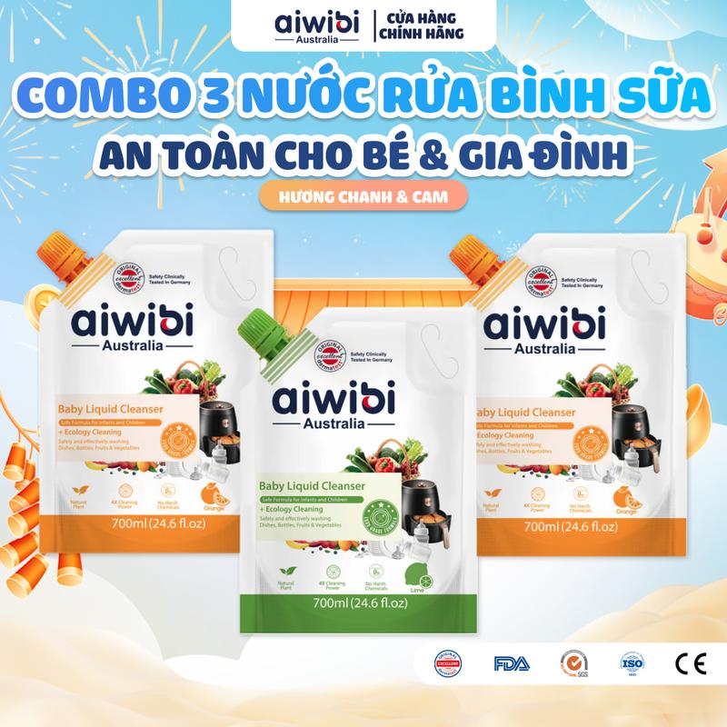 Combo 3 Nước Rửa Bình Sữa Rau Củ Quả Sạch Chén Bát Aiwibi An Toàn Cho Gia Đình Túi 700ml Dạng Gel