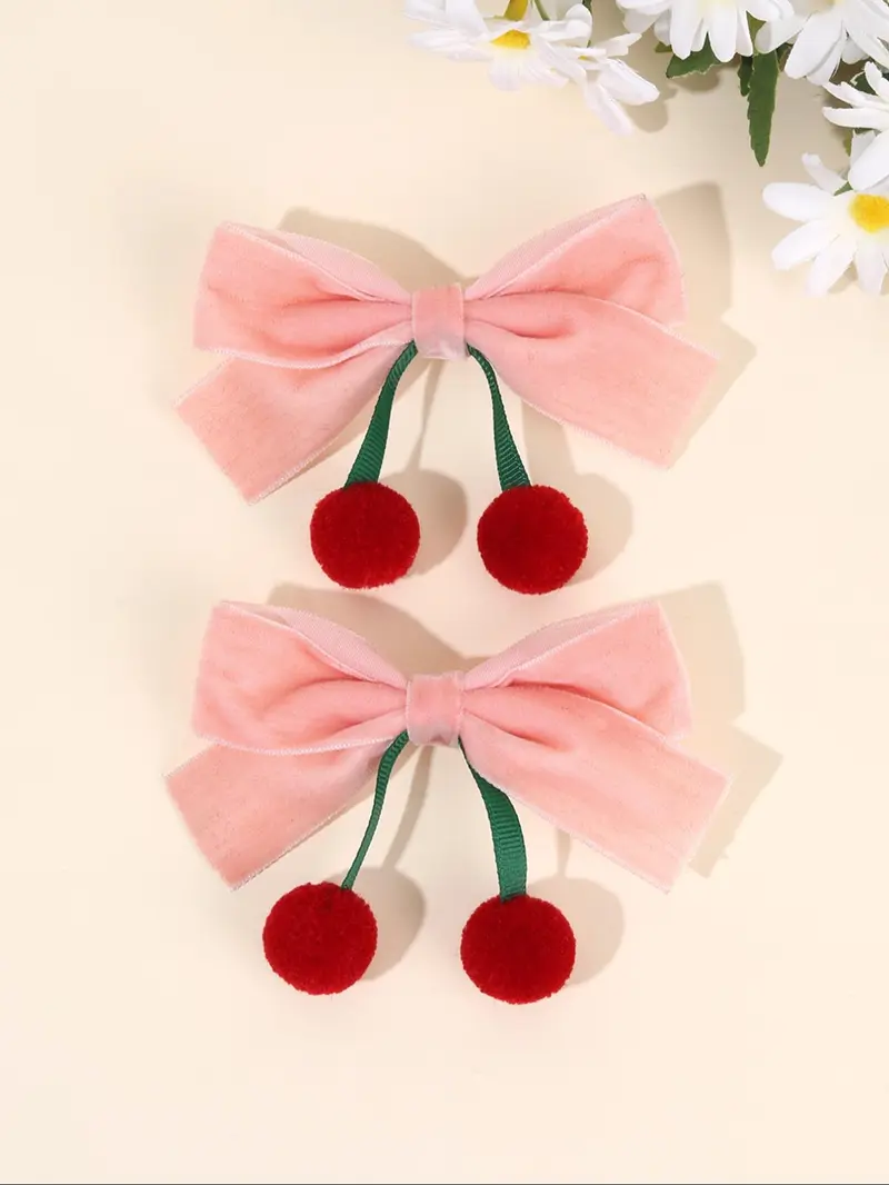 Product Introduction of Cute Cherry Decor Hair Bows, Velvet Bowknot Hair Clips, Fashionable Hair Accessories for Girls, Minimalist Headwear Suitable for Thick Hair 0