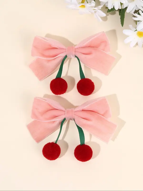 Cute Cherry Decor Hair Bows, Velvet Bowknot Hair Clips, Fashionable Hair Accessories for Girls, Minimalist Headwear Suitable for Thick Hair 0