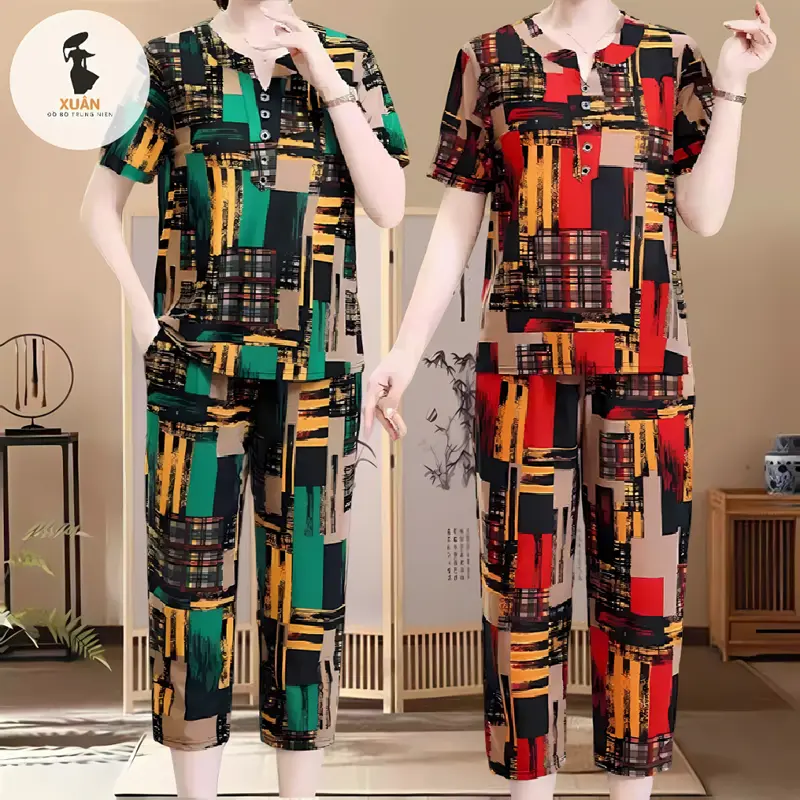 Đồ bộ trung niên thun cotton mặc nhà cho mẹ u50,XUÂN FASHION quần 9 tấc co dãn thoải mái cao cấp TH23 0