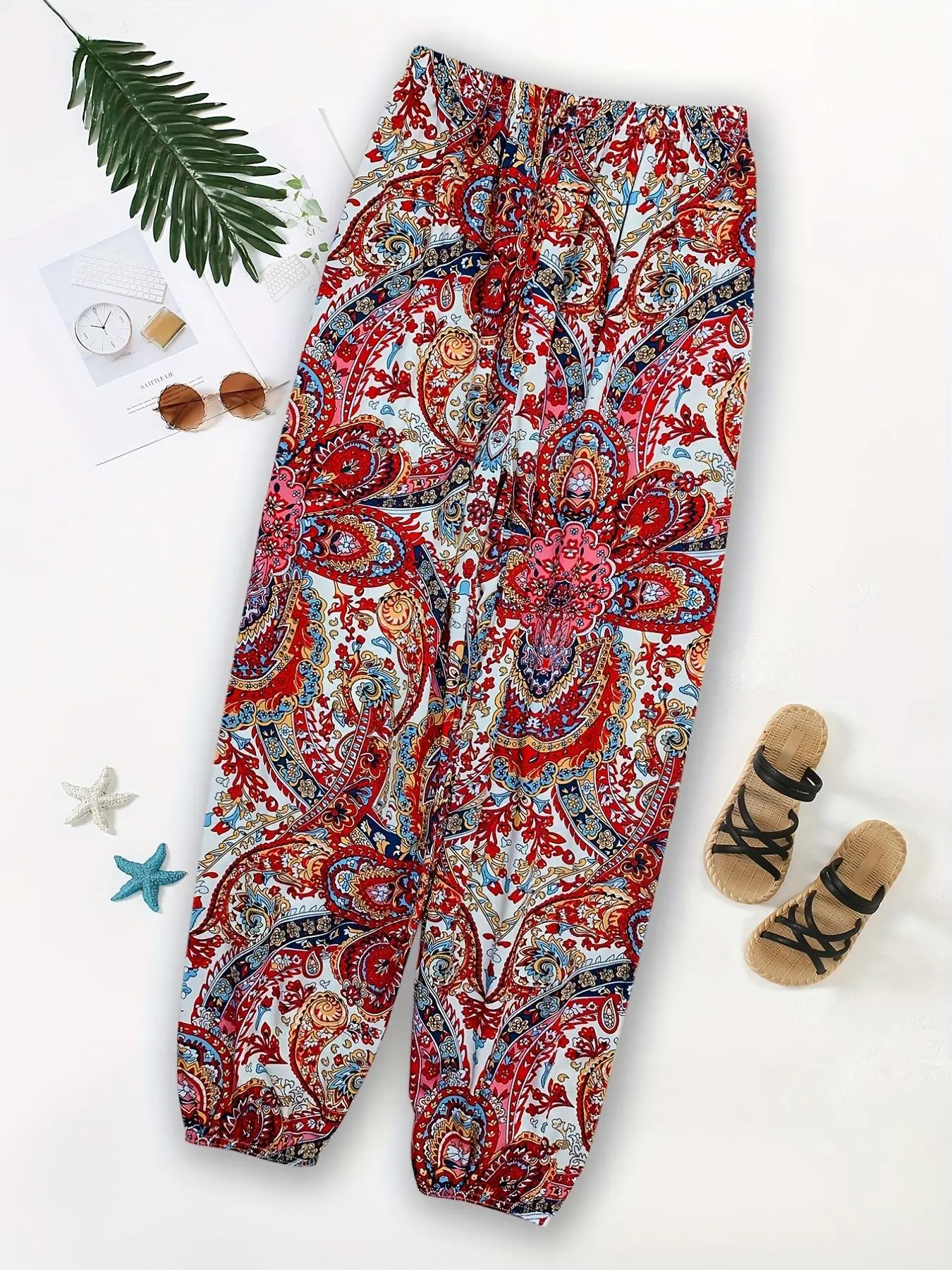 Women's Ethnic Pattern Elastic Waist Pants, Boho Fashion Trousers for Beach Vacation Holiday, Ladies Bottoms for All Seasons