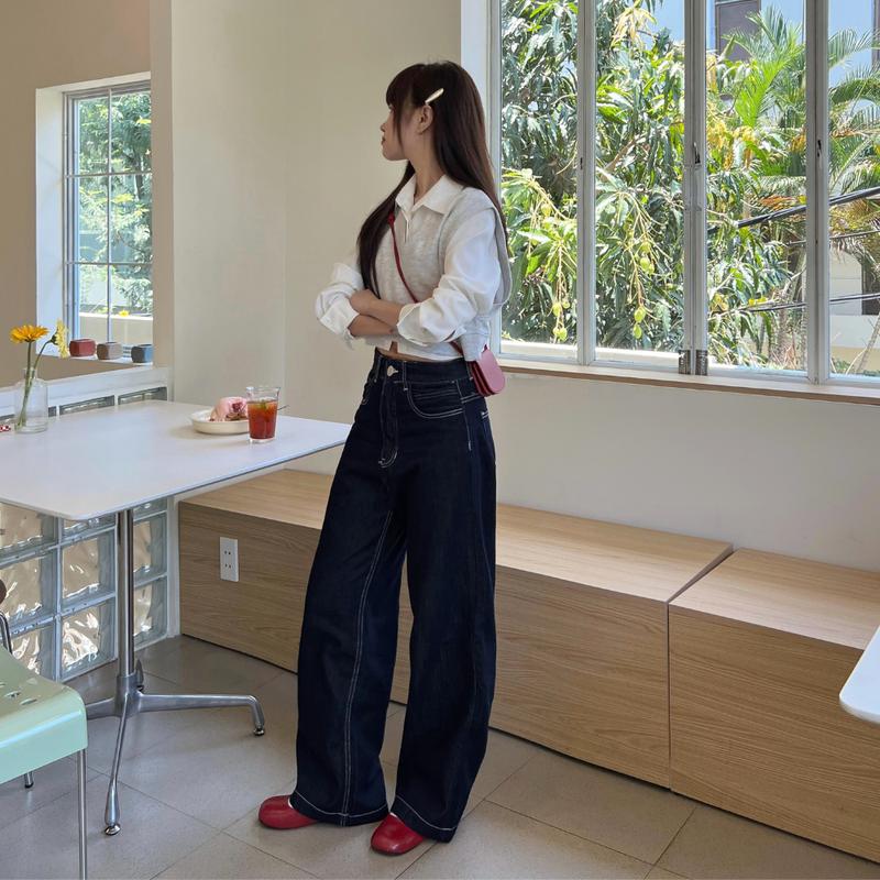 Quần Jeans Nữ Ống Suông Rộng Trơn Basic Chỉ Nổi Không Phai Mềm Mịn TheCotton Quần Bò Xanh Chì Đậm 5
