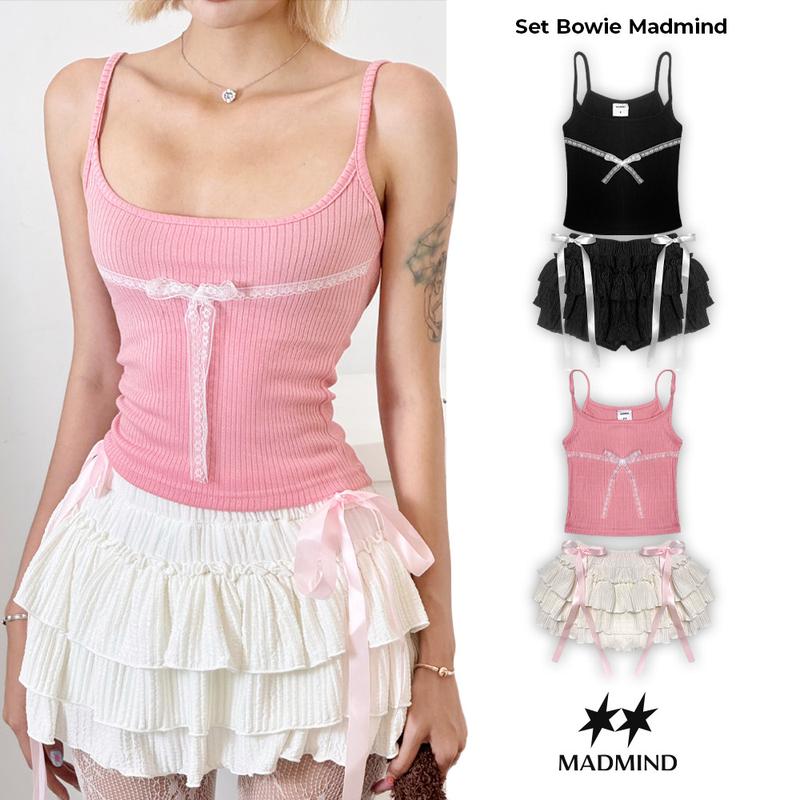 Áo Nữ Hai Dây Chân Váy Ngắn Xòe 4 Tầng Đính Nơ Có Quần Bảo Hộ Bowie Coquette Mini Skirt MADMIND - Màu Đen Trắng Hồng
