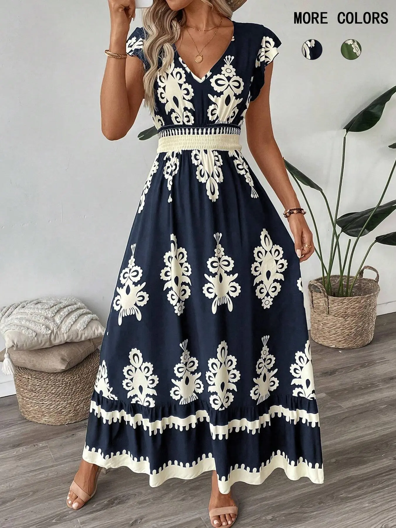 Women's All Over Print Ruffle Hem A Line Dress, Boho Fashion V Neck Cap Sleeve Long Dress for Beach Holiday Vacation,  Summer Dress, Ladies Dress for Summer