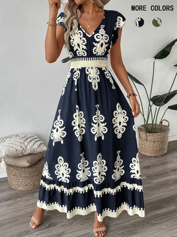Women's All Over Print Ruffle Hem A Line Dress, Boho Fashion V Neck Cap Sleeve Long Dress for Beach Holiday Vacation, Summer Dress, Ladies Dress for Summer, Bohemian Womenswear, Vneck 0