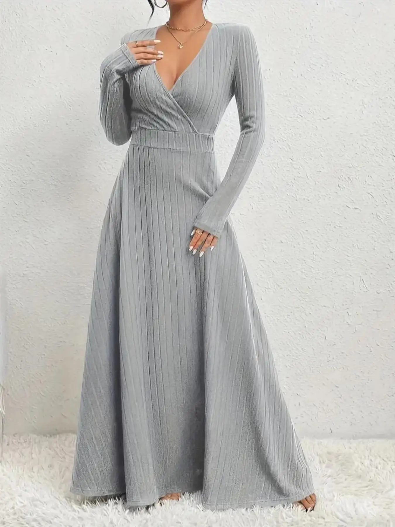 【Plus Size】 Solid Wrap V Neck A Line Dress, Elegant Long Sleeve Dress for Party Holiday Wedding Guest, Women's Clothes for Fall & Winter