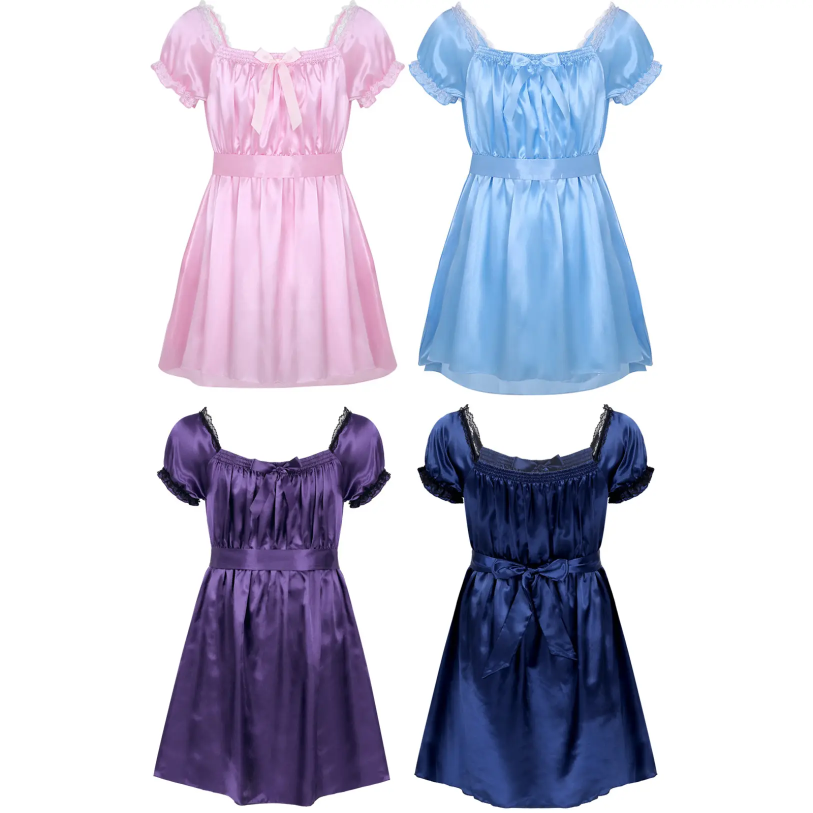 Venjoe Mens Short Sleeve Sissy Satin Girly Maid Crossdress Dress Lingerie Nightdress