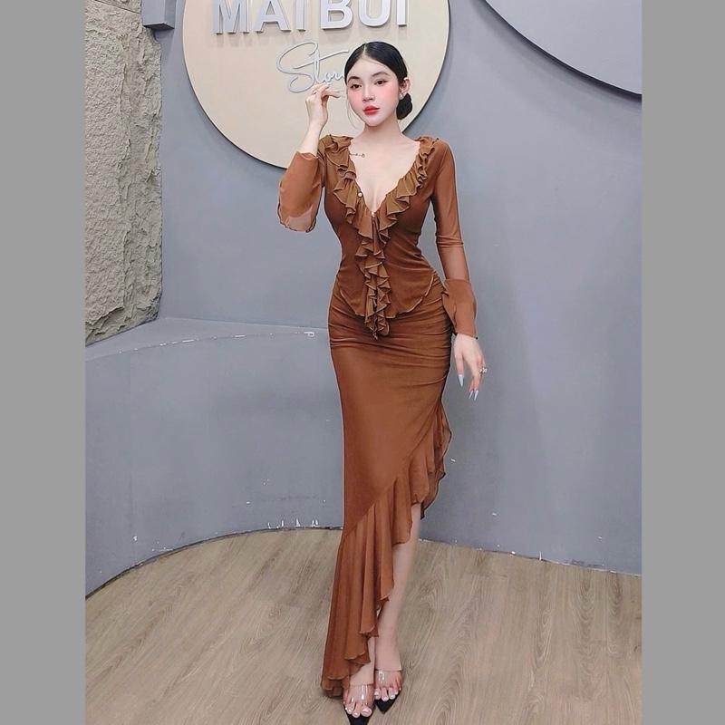 S124 - Set Áo Tay Loe Cổ Bèo Kèm Chân Váy Vạt Xéo Lưới Dẻo Mai Bùi Store