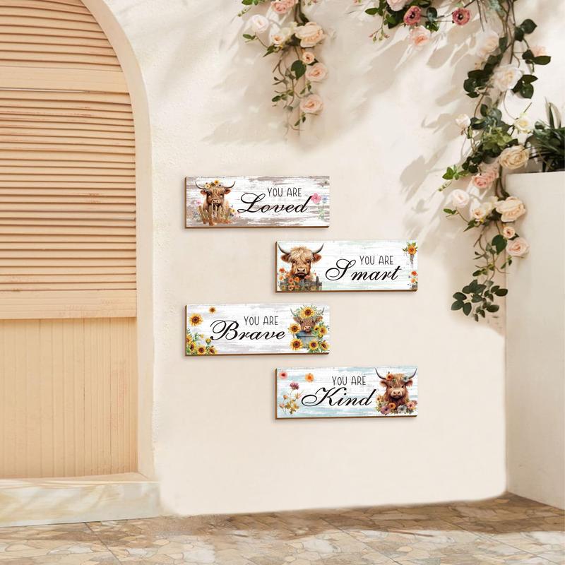 Letter & Highland Cow & Flower Pattern Wooden Sign, 4pcs/set Rustic Farmhouse Wall Art Plaque, Wall Decor for Home Living Room Bedroom Bathroom Kitchen 2