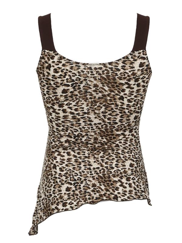 Women's Leopard Print Bow Decor Contrast Binding Tank Top, Asymmetrical Hem Sleeveless Top for Summer, Fashion Women's Top for Daily Wear Valentine's Day, gift 1