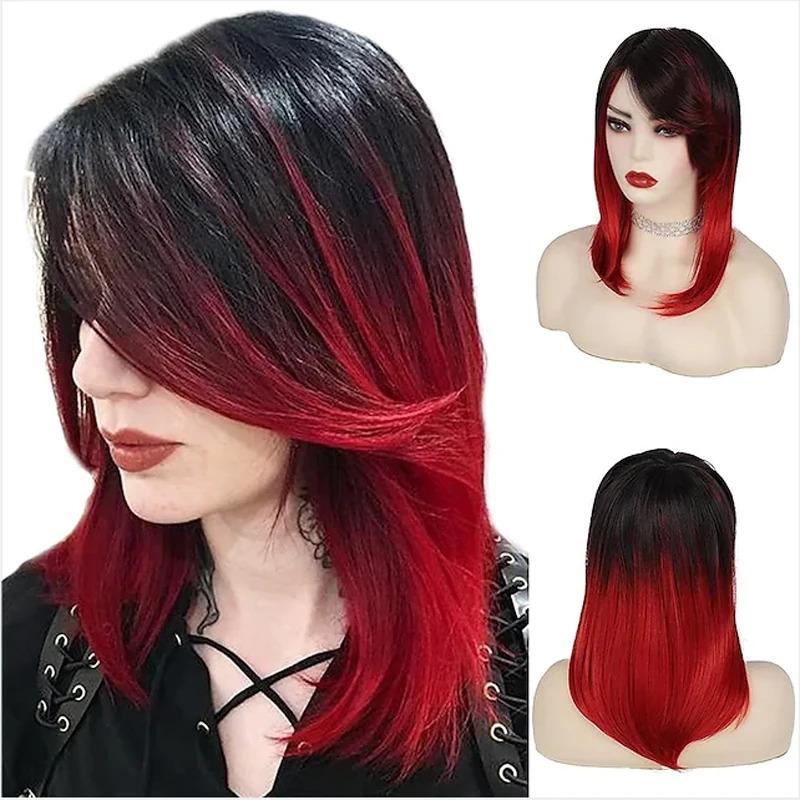 HAIRJOY Synthetic Hair Women Ombre Black Red Wig Medium Long Straight Side Part Wigs 1