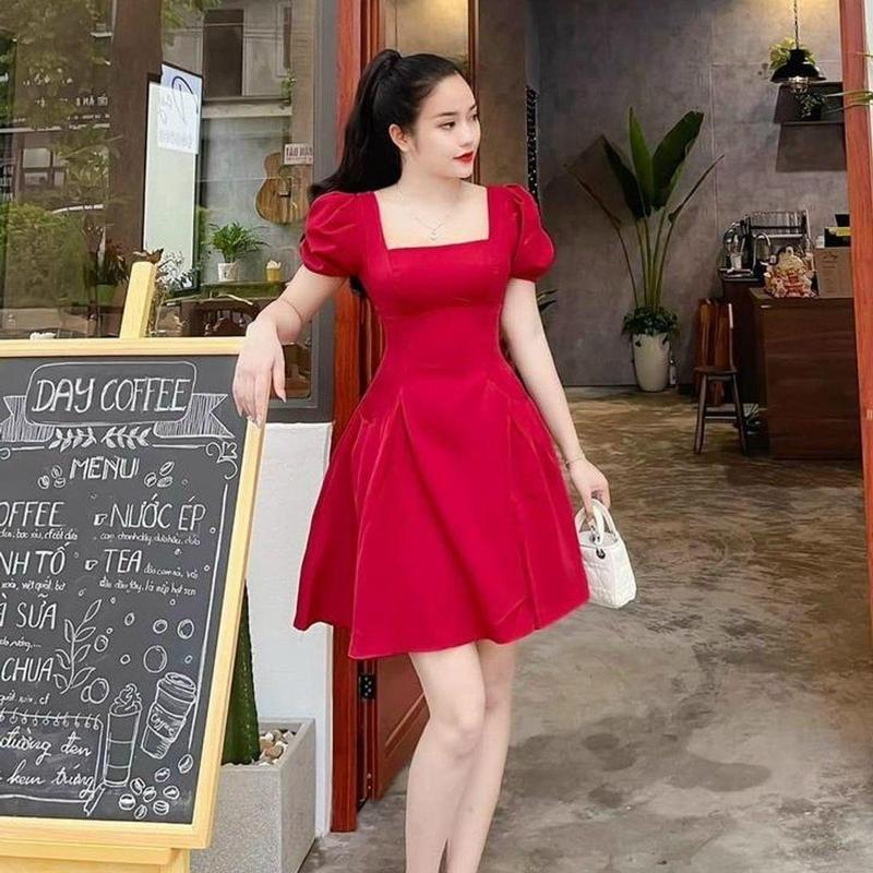 Đầm xoè nữ tay phồng cổ vuông có mút dự tiệc dạo phố xếp ly vải for  KEM 5