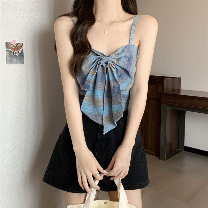 Product Introduction of Sweet and Spicy Style Striped Small Sling Vest Women's Summer Inner Wear Outer Wear Design Sense Niche Bow Sleeveless Short Top turtleneck  tank Lingerie Plaid Spaghetti Strap tank  top camisole  tops baby  tee 11