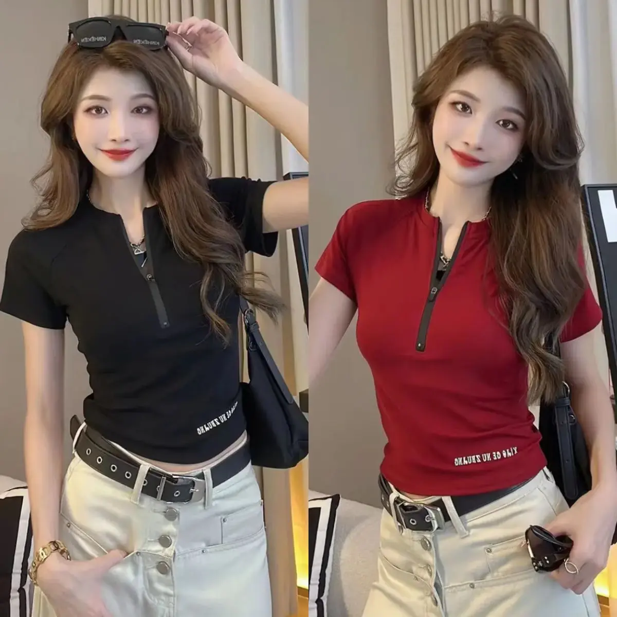 Women's T-Shirt Korean Style Half-Zip Letter Short Sleeve Summer New Slim Fit Flattering Versatile Short Top