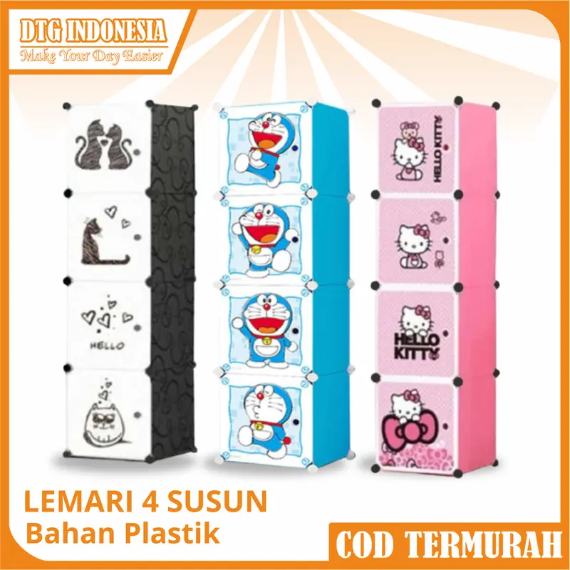 Lemari Pakaian 4 Pintu Baju Lemari Plastik Portable Lemari Pakaian Motif Karakter 4