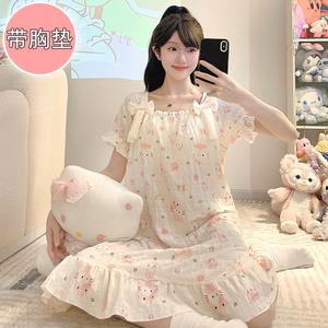 Baju Tidur Kapas Awan, dengan Pad Bra Terbina Dalam, Gaun Midi Longgar, Gaya Manis dan Ins, Sesuai untuk Ruang Tamu Rumah, Pakaian Kasual Luaran, Rekaan Estetik Instagram, Bernafas, Rekaan Lengan Pendek