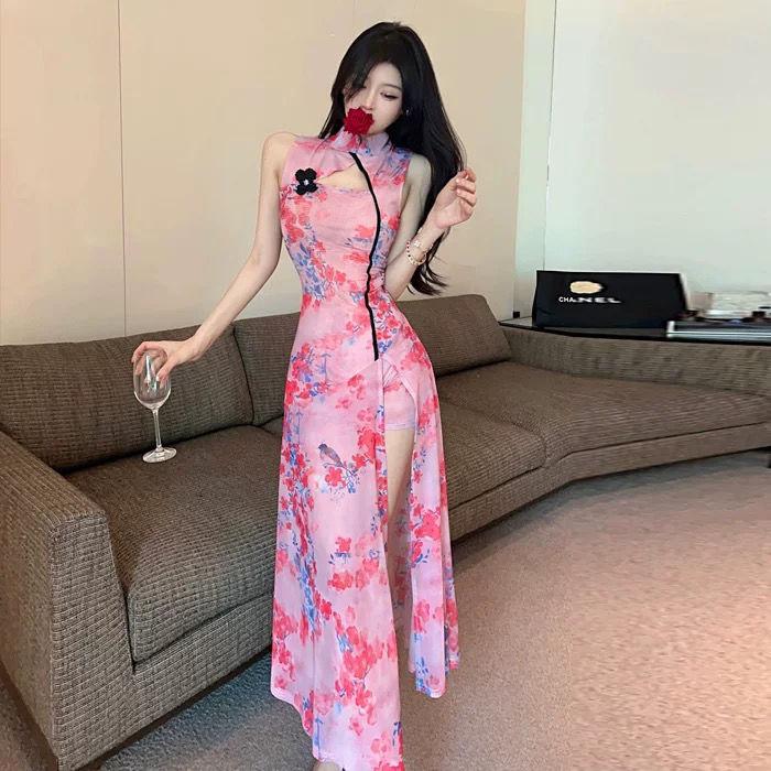 Product Introduction of Váy Khiêu Vũ Phong Cách Trung Quốc Cổ Điển Mới, Sườn Xám Khoét Lỗ Váy Nút Ếch, Co Giãn, In Hình, Váy Xẻ Tà xòe Lớn 6