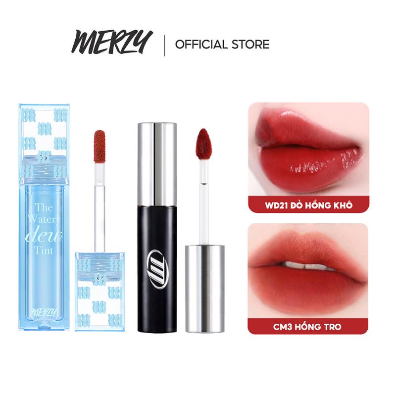 Combo 2 Son: (Ver.4 Xanh Dương) Son Tint Bóng Merzy Watery Dew Tint 4g + Son Môi Kem Lì Merzy Cyber Mellow Tint 4g Nữ Women merzy xanhdương merzy bảnmới