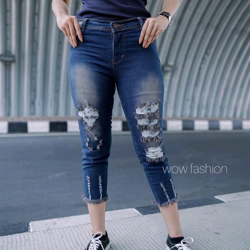 jener celana jeans wanita 7/9 model sobek-sobek street kekinian ada lapisan bawah rawis kaki melar Soft Stretch 2
