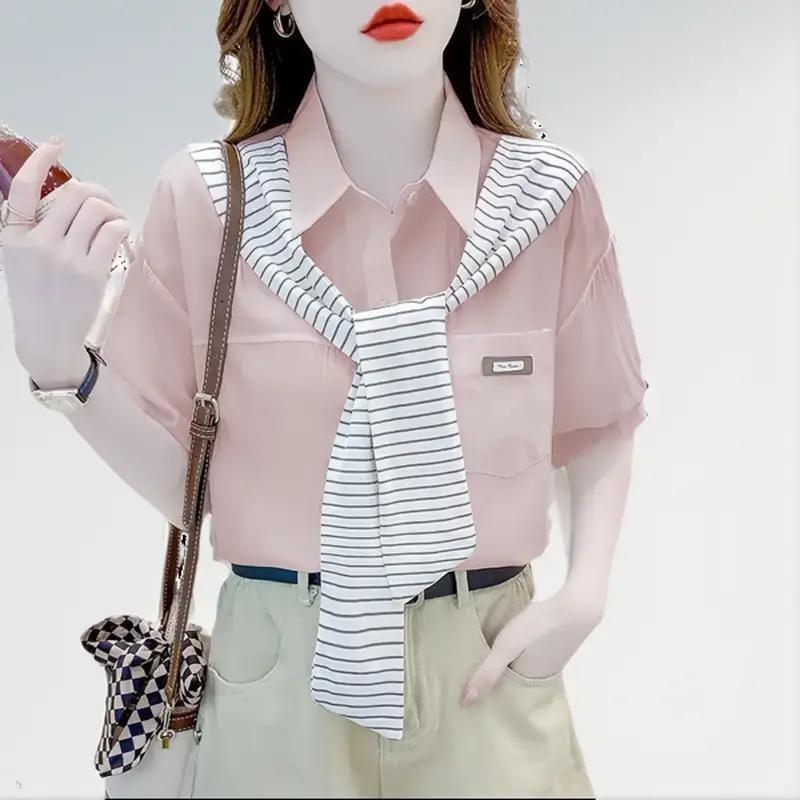 Sơ mi nữ-  Áo sơ mi kiểu công sở phối nơ thủy thủ siêu xinh _cộc tay_23248 Top Women Voan