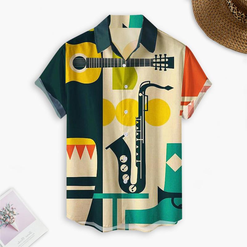 Huxriqvy Men Beach Shirt Color Matching Loose Graffiti Pattern Men Beach Top Single-breasted Men Clothes 0