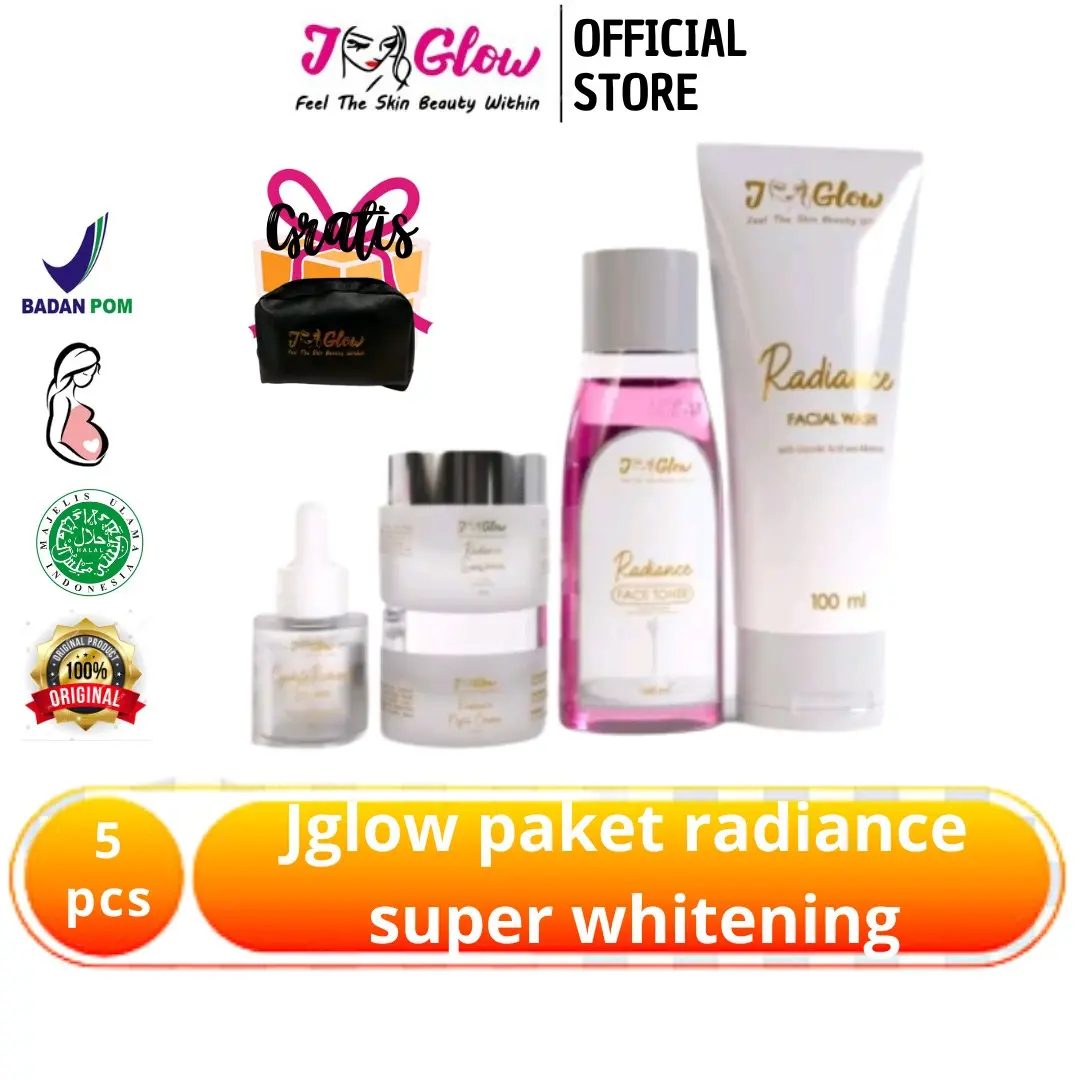 J-GLOW SKINCARE - PAKET RADIANCE - SUPER WHITENING - 5 pcs kulit kering normal berasal dari alam Mencerahkan Perawatan  Wajah Niacinamide Glycolic