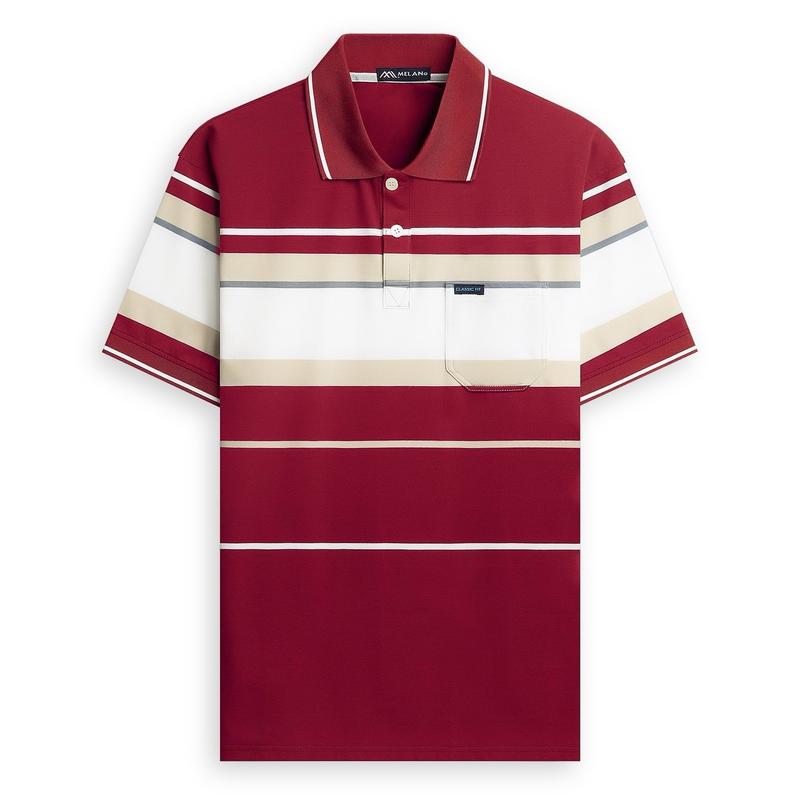 Áo thun nam có túi thun nam Áo thun nam cho bố sọc ngang có cổ bẻ có túi áo phông trung niên menswear có cổ tay ngắn