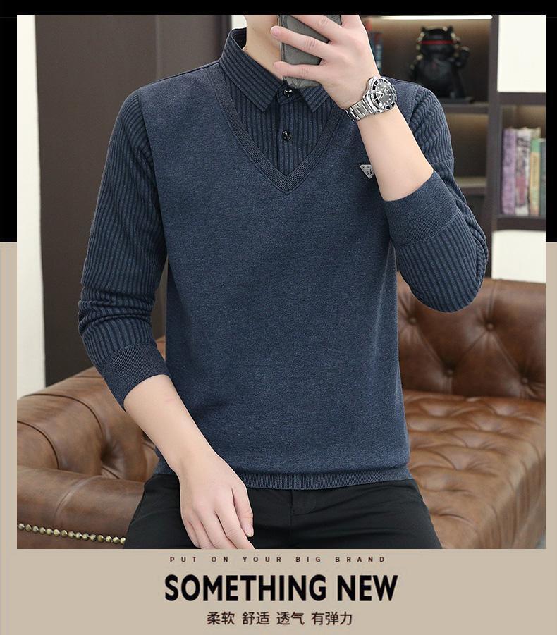 Product Introduction of 2024 Winter Fleece-lined Thickened Integral Velvet Sweater Men's False Two Pieces Knitted Sweater Youth Pu Handsome Men's Shirt Nam Slipper 13