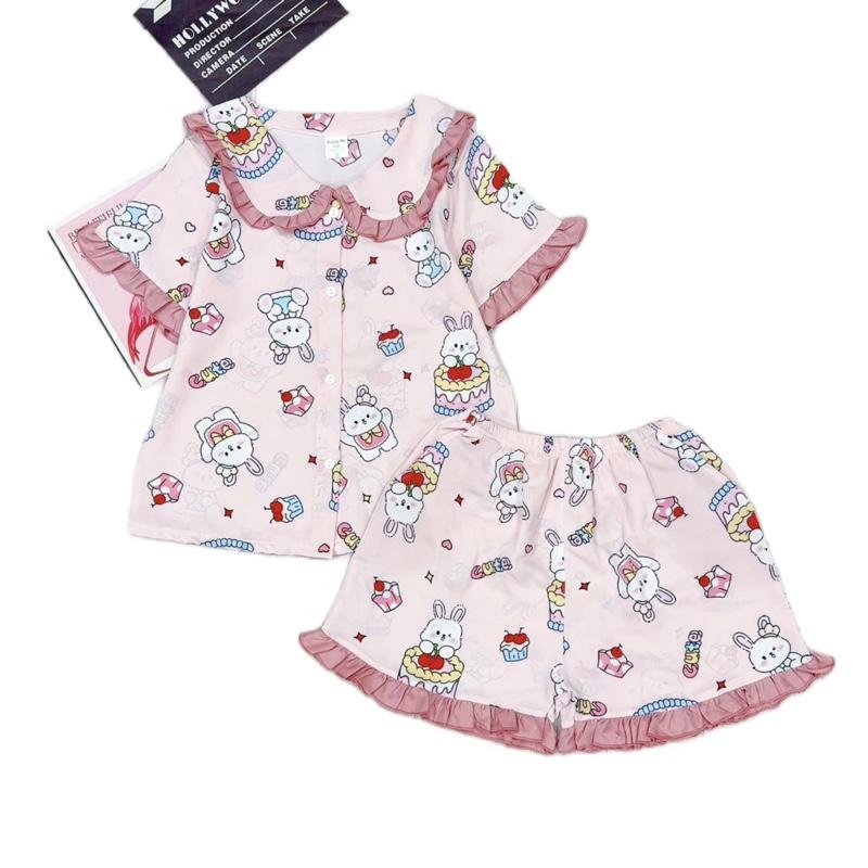 MÃ M17: 23-48kg .Bộ đồ ngủ mặc nhà  size đại quần đùi cổ bèo tiểu thư pijama  bé gái chất liệu LỤA MANGO mềm ,mịn, mát không nhăn đồ  ngủ đồ  ngủ bằng   ngắn bé  tiên