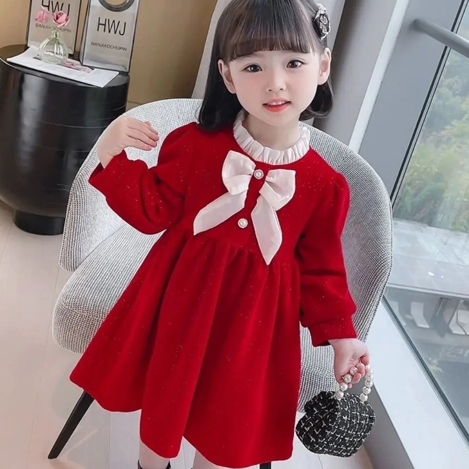 Váy Công Chúa, Cho Bé Gái, Bộ Sưu Tập Thu Đông, Phong Cách Thanh Lịch, Chất Liệu Lụa Sáng, Quần Áo Năm Mới, Váy Đỏ, Cho Trẻ Em, Thích Hợp Cho Bé Gái, Năm 2024