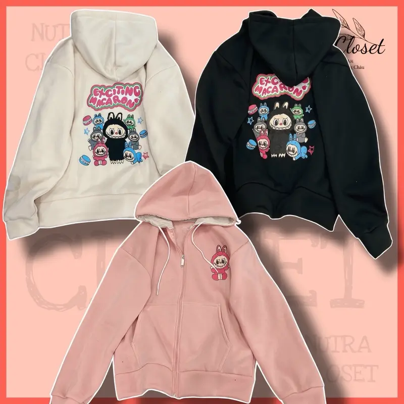 Áo khoác nỉ in hình labubu có nón khoá kéo an534 unisex nam nữ 0