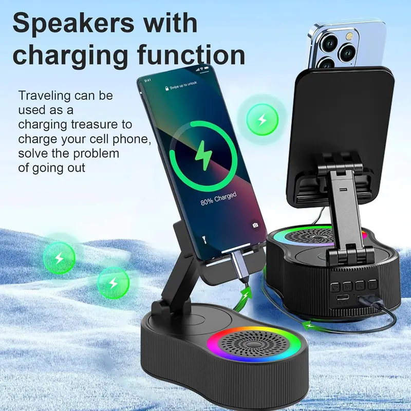 Wireless Induction Audio Bluetooth Speaker, 5in1 Phone Holder, Emergency Rechargeable (4000mAh) with Colorful Ambient Light Foldable for Tablet iPhone Android, Gifts for Men Women, White, Smartphone 4