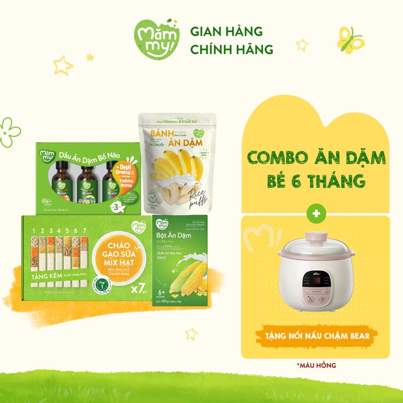 [Tặng NỒI NẤU CHẬM BEAR] Combo Set 3 dầu ăn dặm Mămmy 30ml (cá hồi, hạt lanh, olive) bổ sung dha, omega 3,6,9 + 7 gói gạo mix hạt 50gr + 1 hộp bột bắp + 1 gói bánh vị chuối bổ sung vitamin cho bé