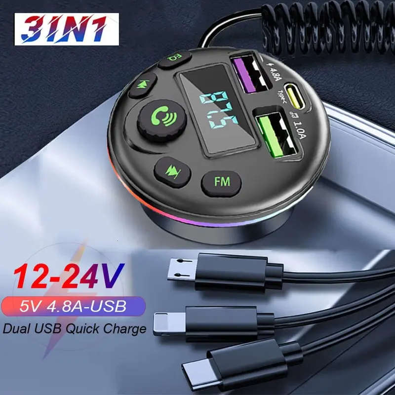 Bộ phát FM Bluetooth 5.0 trên ô tô, với máy nghe nhạc MP3, bộ thu âm thanh rảnh tay, Cáp sạc 3in1, bộ điều chế điện tử tự động, để gọi rảnh tay, phát trực tuyến nhạc 8