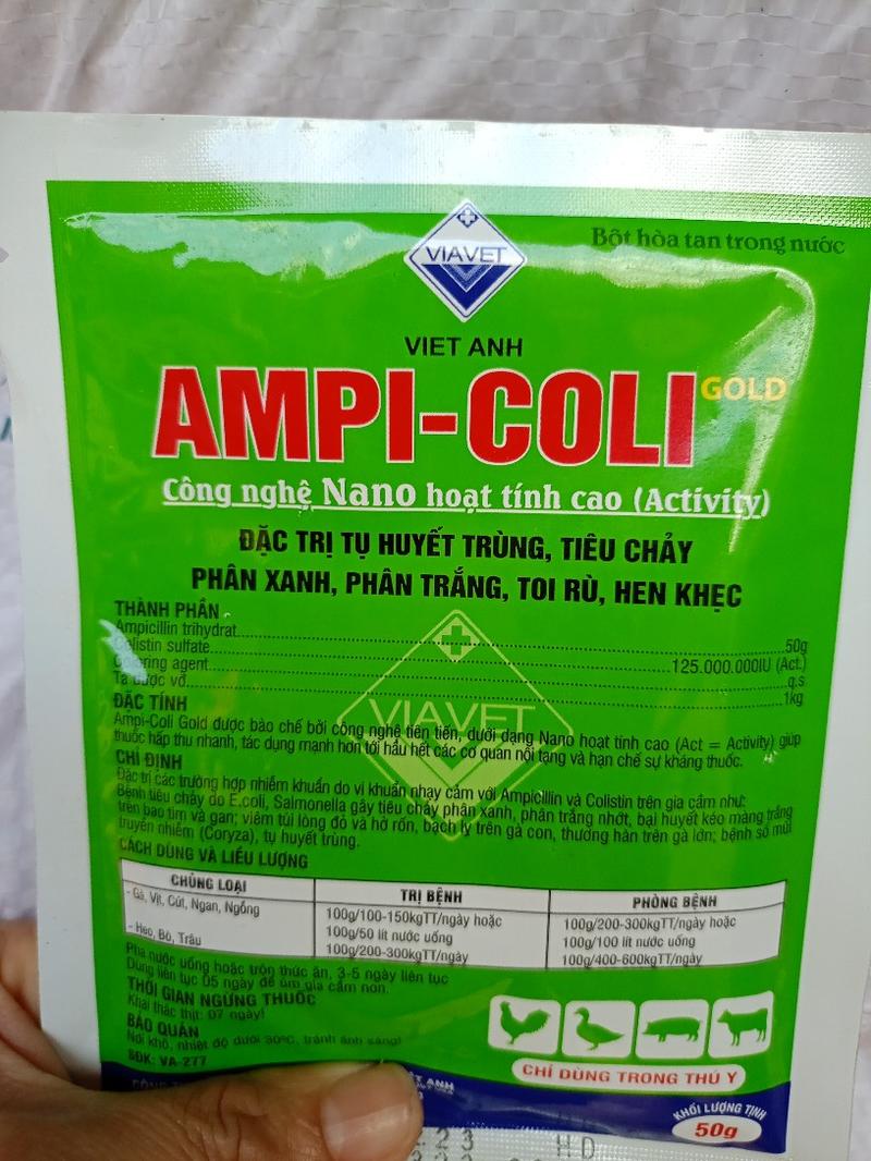 Product Introduction of Ampi-coli gold Công nghệ Nano hoạt tính cao: Trị tiêu chảy phân xanh, phân trắng, toi rù, hen khẹc ở gà. Gói 50gam 1