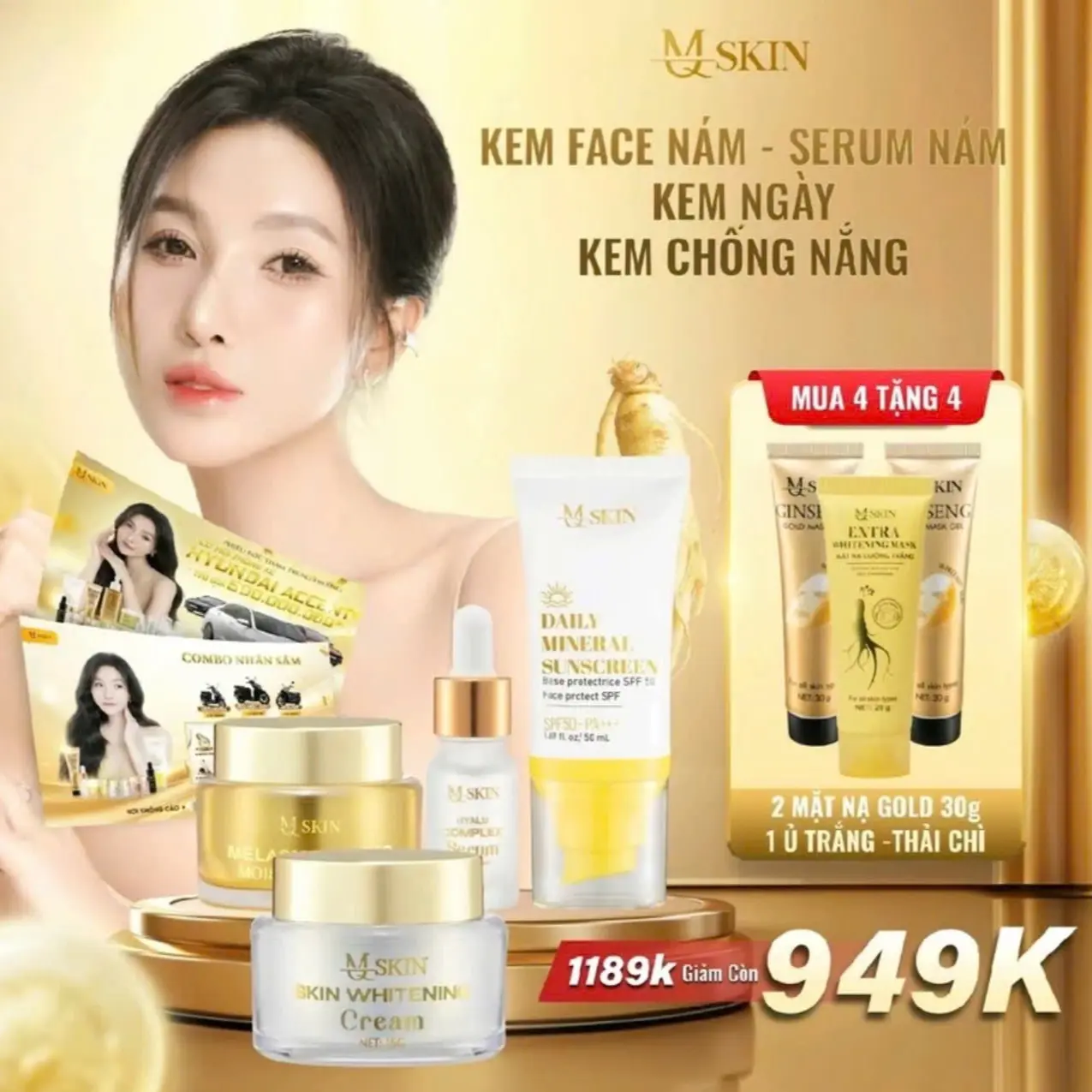 Combo cốt sâm vàng , kem face ngày , cao nám  đêm , chóng  nắng , Serum