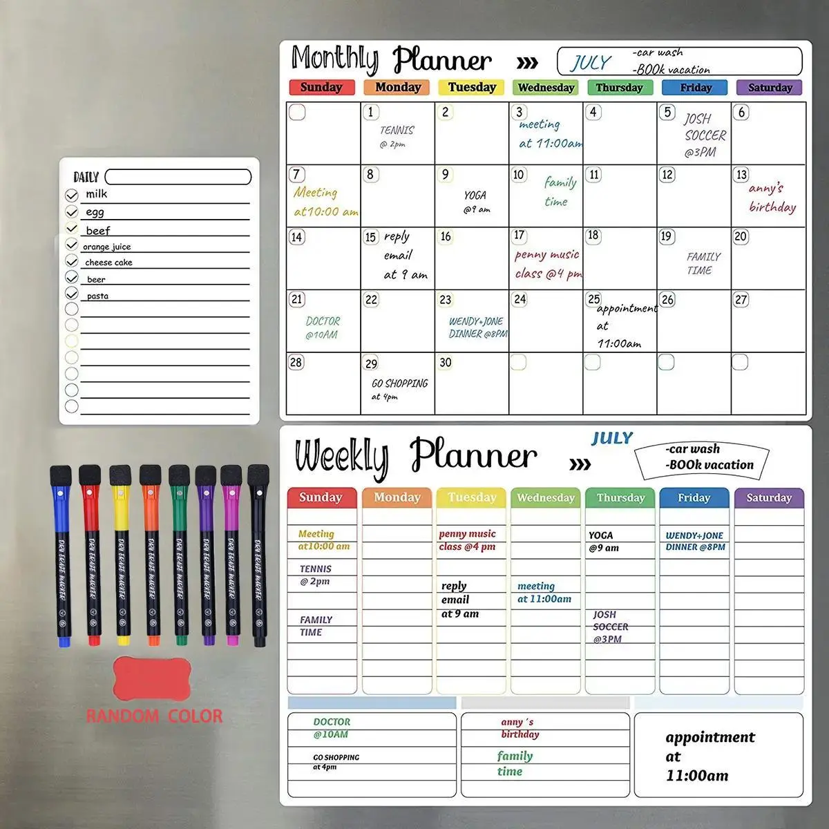 Magnetic Fridge Calendar Set, 12pcs/set Creative Fridge Calendar, Including Daily Weekly Monthly Planner, 8 Whiteboard Pen & Eraser, Summer Essentials, Back to School, Office Accessories
