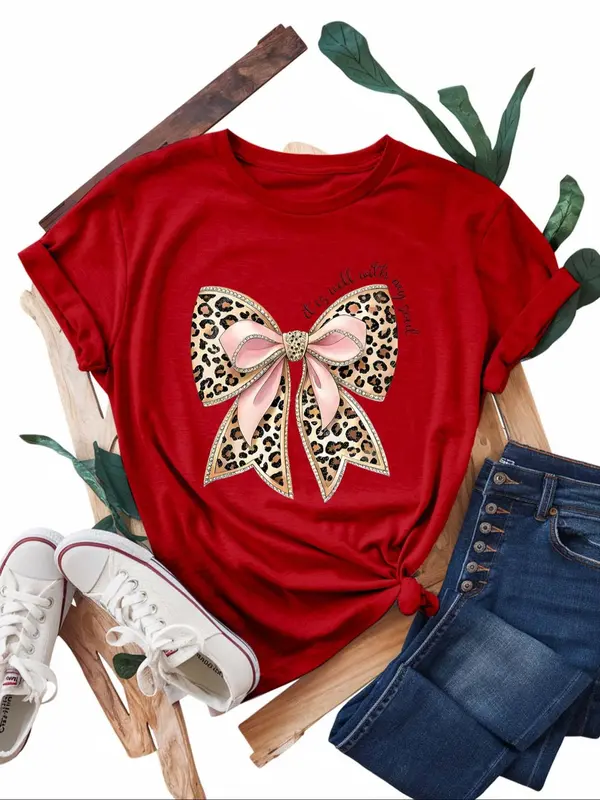 【Plus Size】 Bow Print Round Neck Tee, Fashion Casual Crew Neck Short Sleeve T-shirt for Daily Outdoor Wear, Women Plus Clothing for All Seasons, Top 2