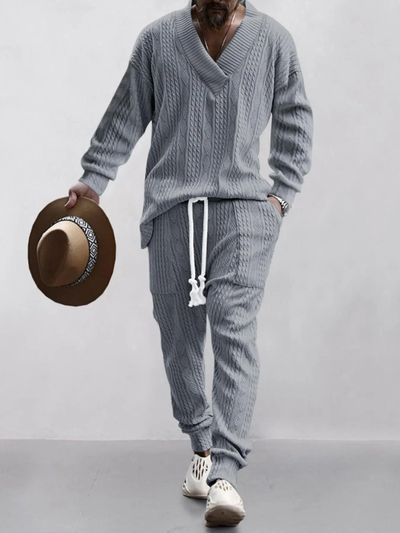 Two-Piece Set Men's Solid Jacquard Drop Shoulder V Neck Top & Drawstring Waist Pants, Regular Fit Casual Fashion Long Sleeve Pullover & Pocket Trousers for Daily Wear, Men's Two-piece Outfits for Fall & Winter