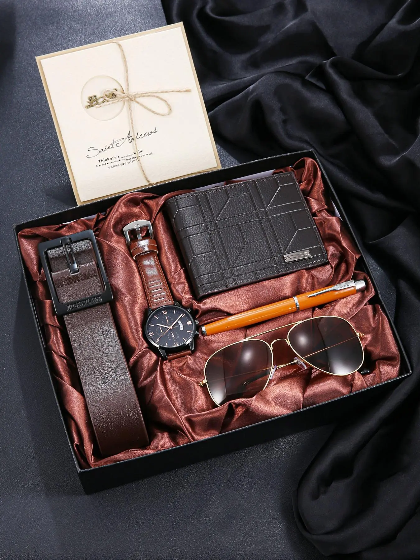Men's Business Fashion Watch & Sunglasses & Belt & Wallet & Pen Set, with Box, Trendy All-match & Exquisite Watch Set for Birthday Gift