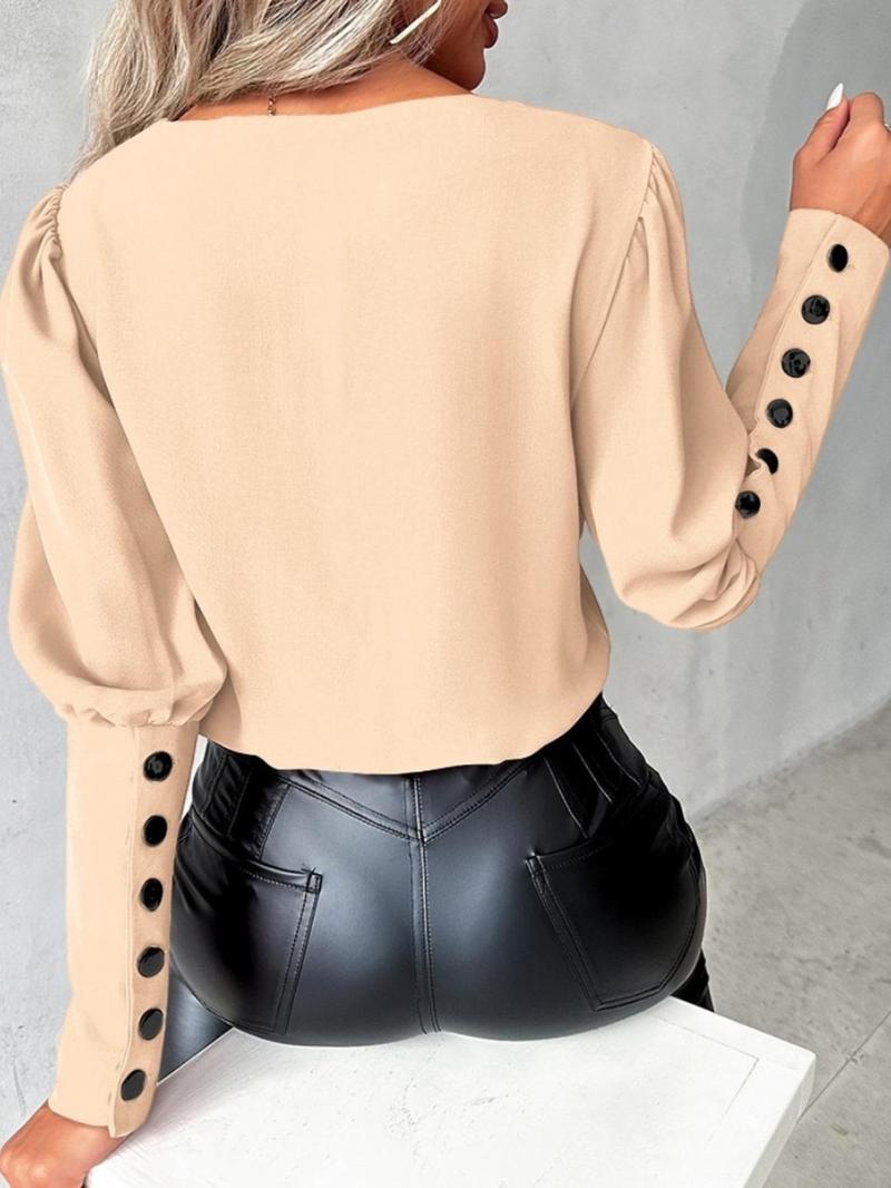 Product Introduction of Women's Patchwork Print Button Leg-of-mutton Sleeve Blouse, Elegant V Neck Long Sleeve Top for Work Office Business, Ladies Clothes for All Seasons， Going Out Tops 19