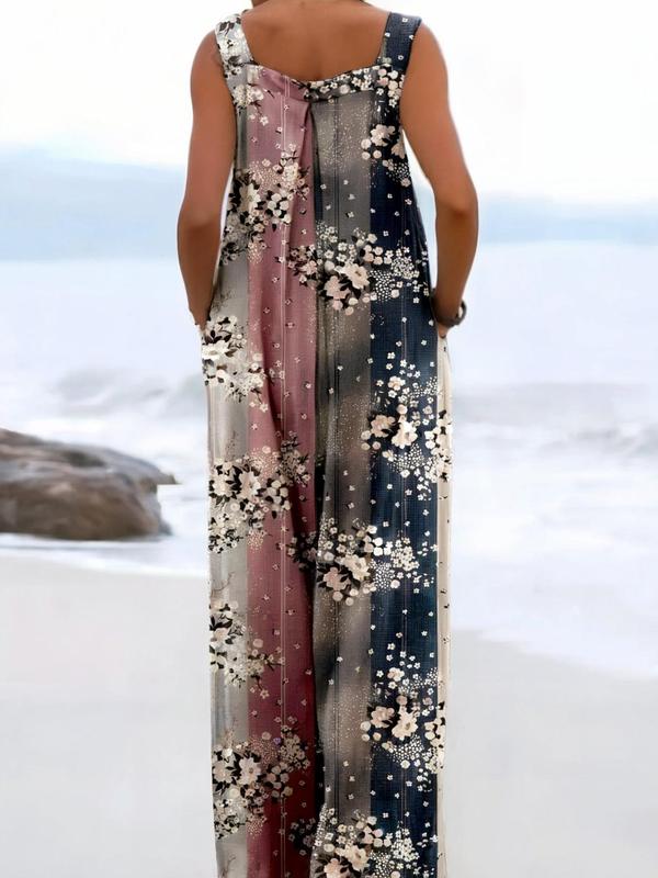 【Plus Size】 All Over Floral Print Button Design Overall Jumpsuit, Casual Boho Sleeveless Wide Leg Jumpsuit for Beach Holiday Vacation, Women's Clothes for Summer, Bohemian Womenswear 5