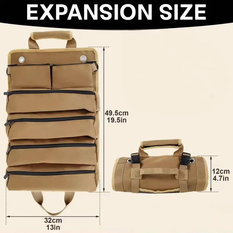 Canvas Tool Roll Up Bag, Waterproof Oxford Cloth Tool Storage Bag with Detachable Pocket, Tool Organizer for Motorcycle, Truck, Electrician & Mechanic 1