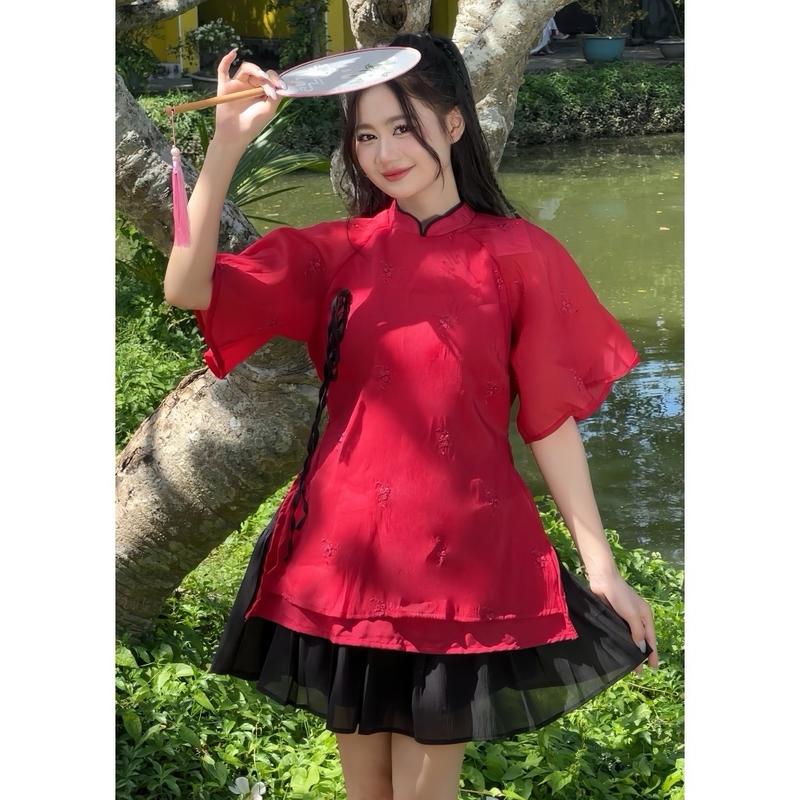 Áo cổ tàu - phối kèm chân váy voan tơ nến nhẹ nhàng dễ thương S34 Nữ Women