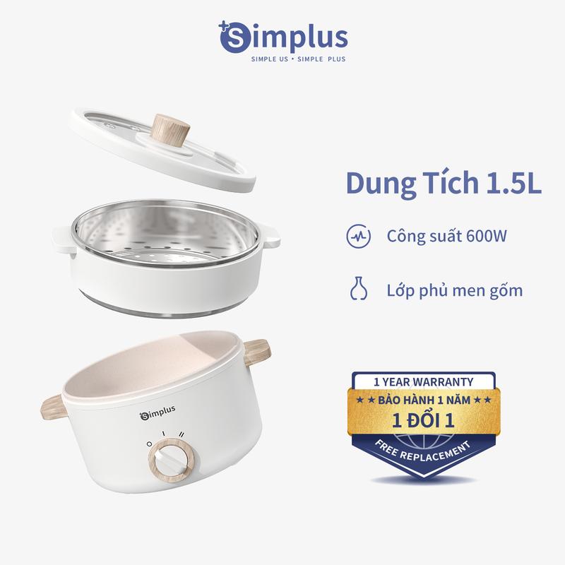 SimplusVN Nồi Điện Đa Năng Simplus Dung Tích 1.5L Kèm Xửng Hấp Inox Chống Dính DZGH003 Bảo Hành 1 Năm Chỉ Đổi Không Sửa